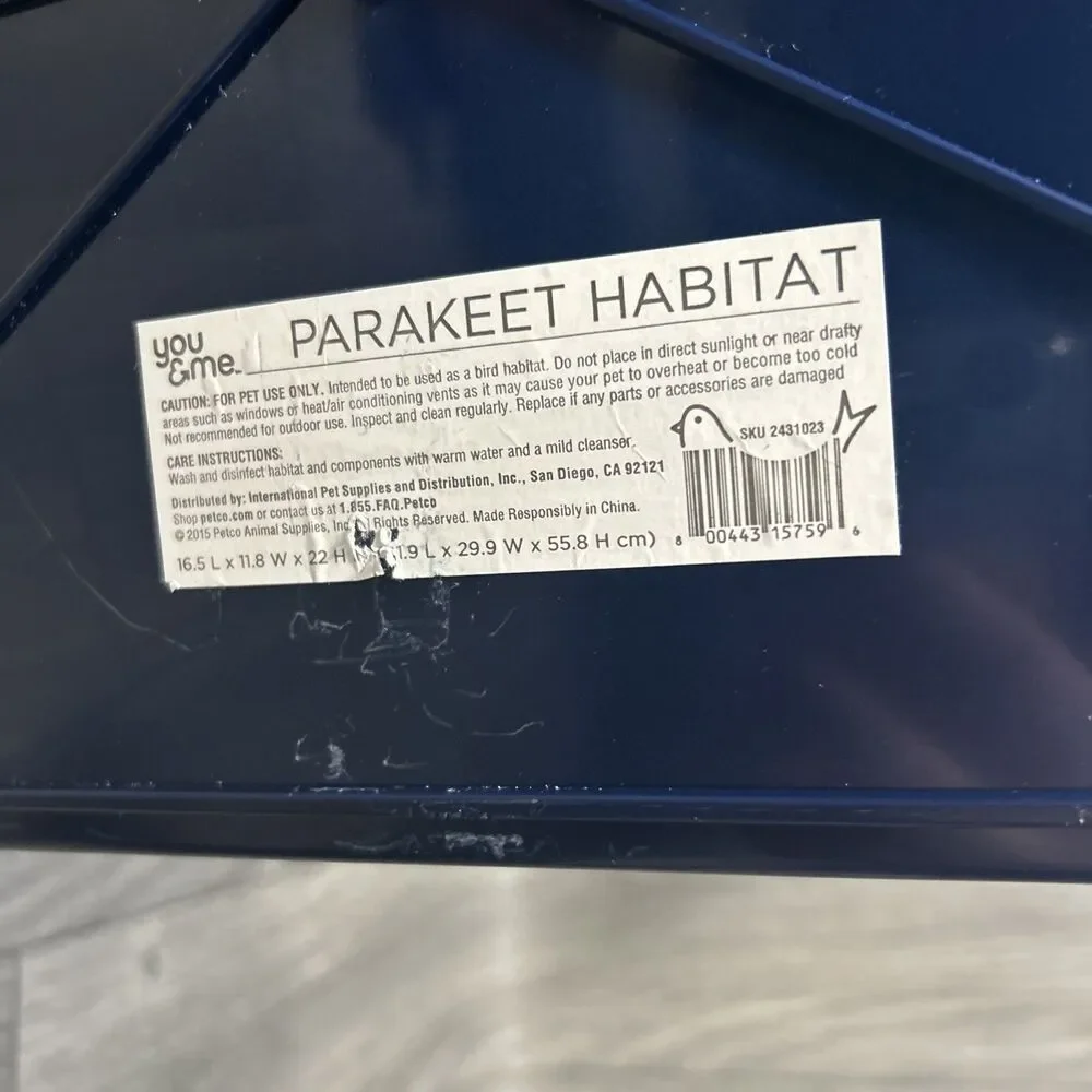 You & Me Parakeet Ranch House Bird Cage, Navy With Wooden Rod And Pullout Tray